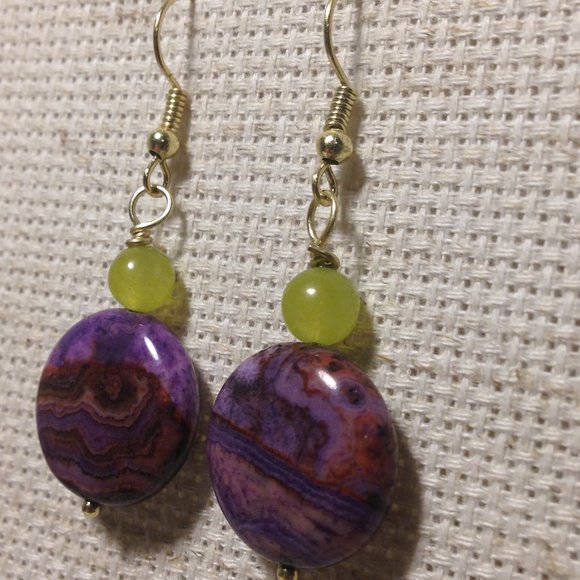 Purple Lace Agate & Olive Serpentine Stone Earrings - Picture 4 of 7
